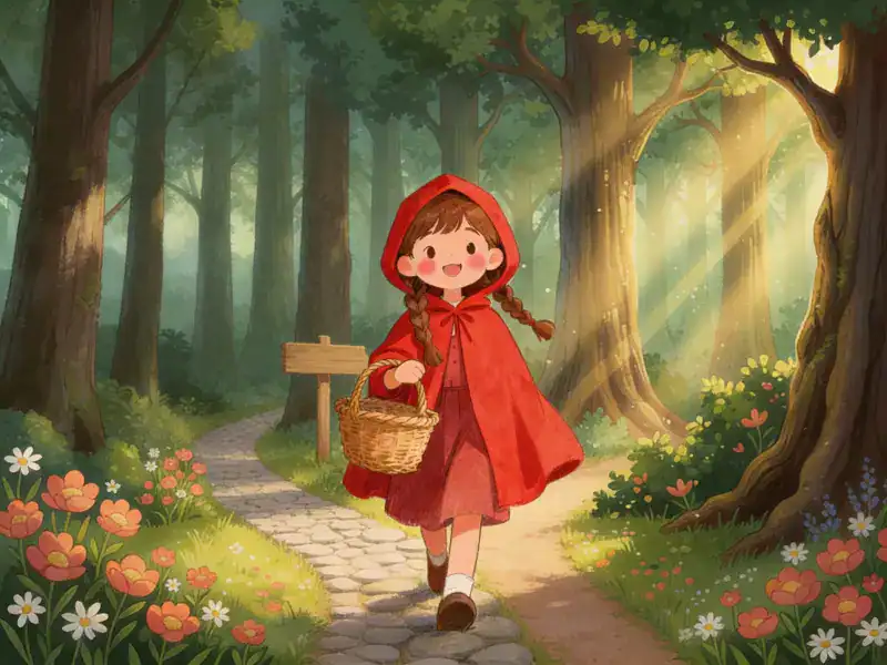 Illustrazione per bambini: una bambina con la mantella rossa e il cestino cammina su un sentiero acciottolato, in un bosco fiorito e assolato.