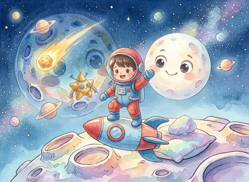 Acquerello per bambini: un bambino astronauta in piedi su un razzo saluta una luna sorridente, fra pianeti, una cometa e una stellina.
