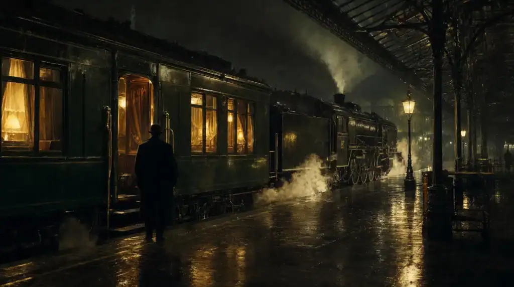 Un uomo in cappotto cammina di notte lungo una banchina bagnata verso un treno a vapore d'epoca, fra il vapore e i lampioni accesi.