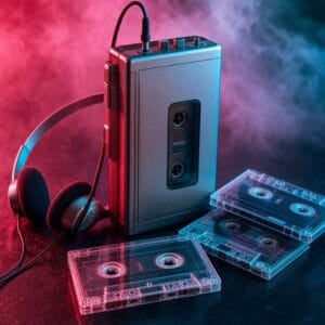 Collezione 80's Collection: musicassette e un lettore portatile anni Ottanta illuminati da luci al neon rosa e azzurre