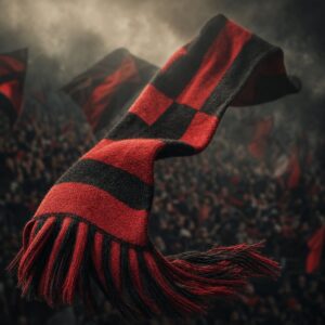 Collezione AC Milan parte 1: sciarpa da tifoso a righe rosse e nere appoggiata su un seggiolino dello stadio