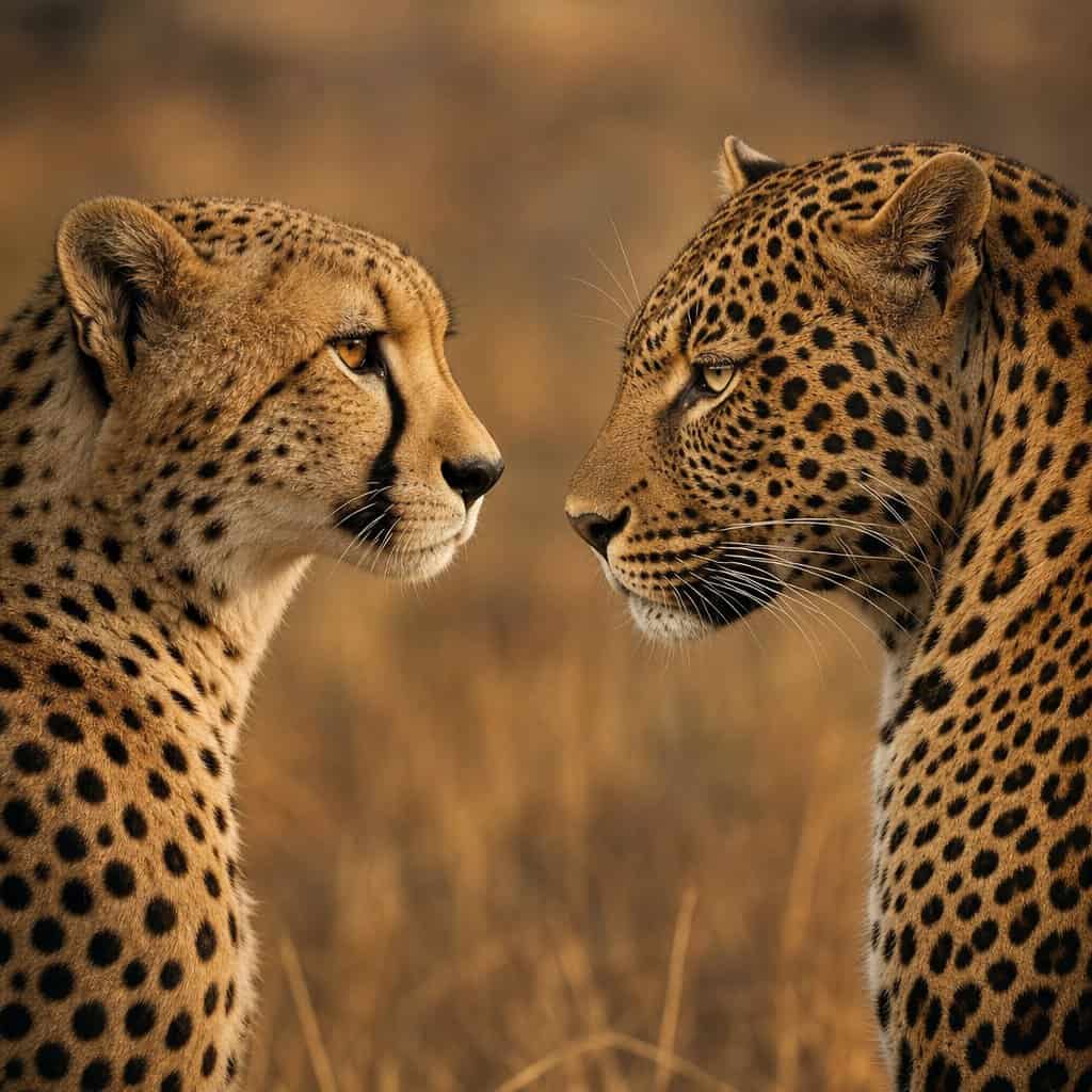 Collezione Animali sosia: un ghepardo e un leopardo di profilo uno di fronte all’altro nella savana