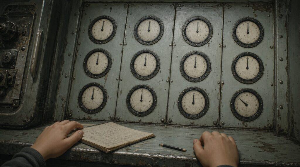 Due mani appoggiate a una consolle di metallo consumata con dodici quadranti analogici, accanto a un registro di carta aperto e a una matita.