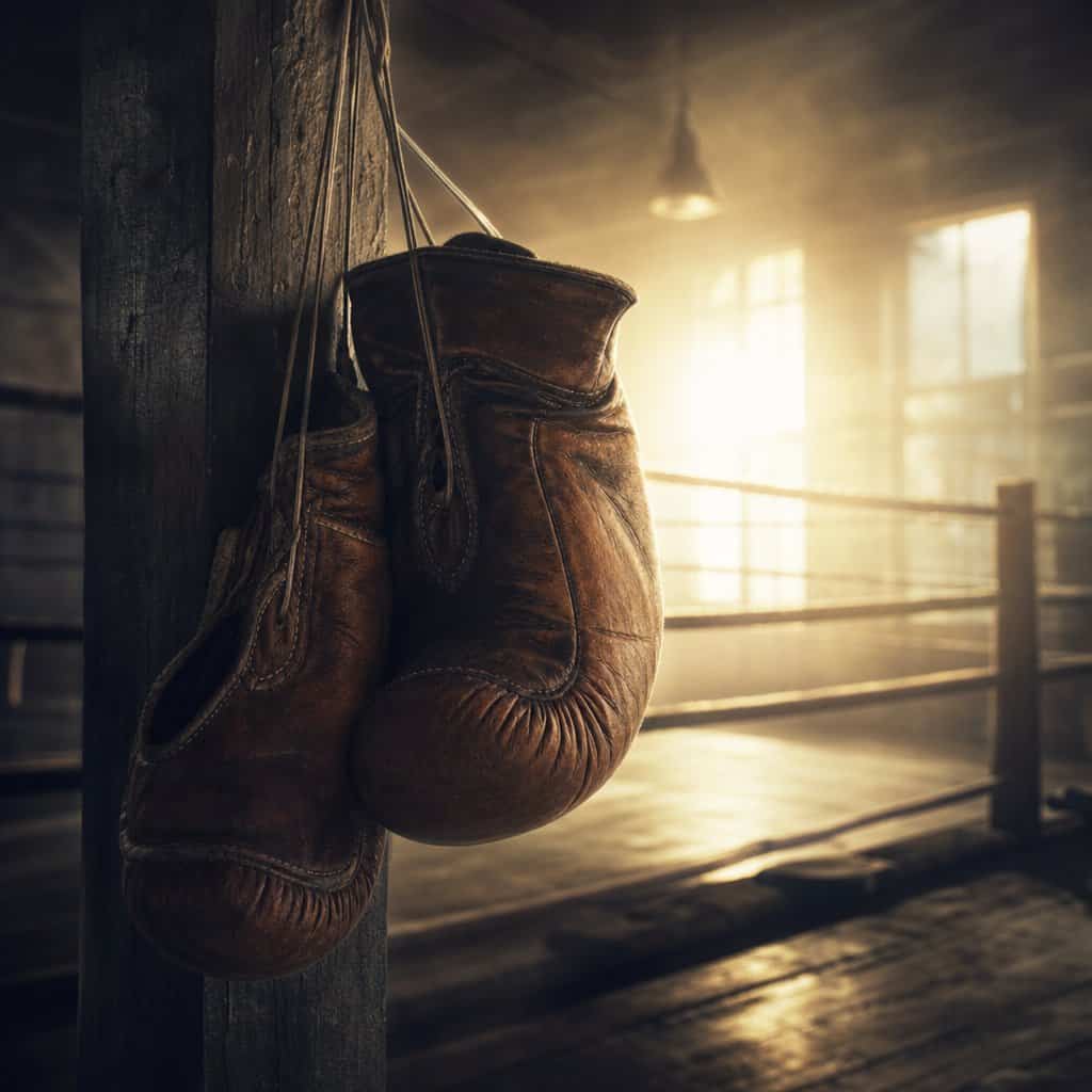Collezione Boxe: un paio di guantoni da pugilato in pelle appesi al palo di un ring in controluce