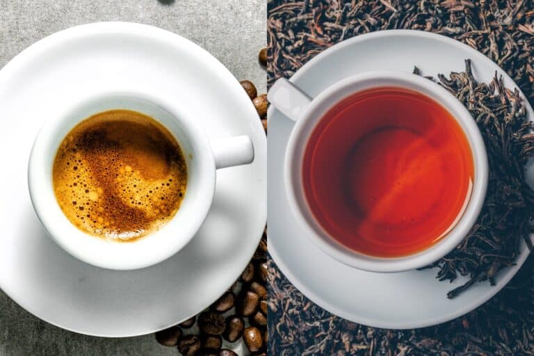 Caffè o tè: a sinistra una tazzina di espresso, a destra una tazza di tè nero