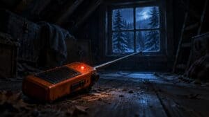 Un vecchio walkie-talkie arancione acceso sul pavimento di un solaio, davanti a una finestra sul bosco innevato
