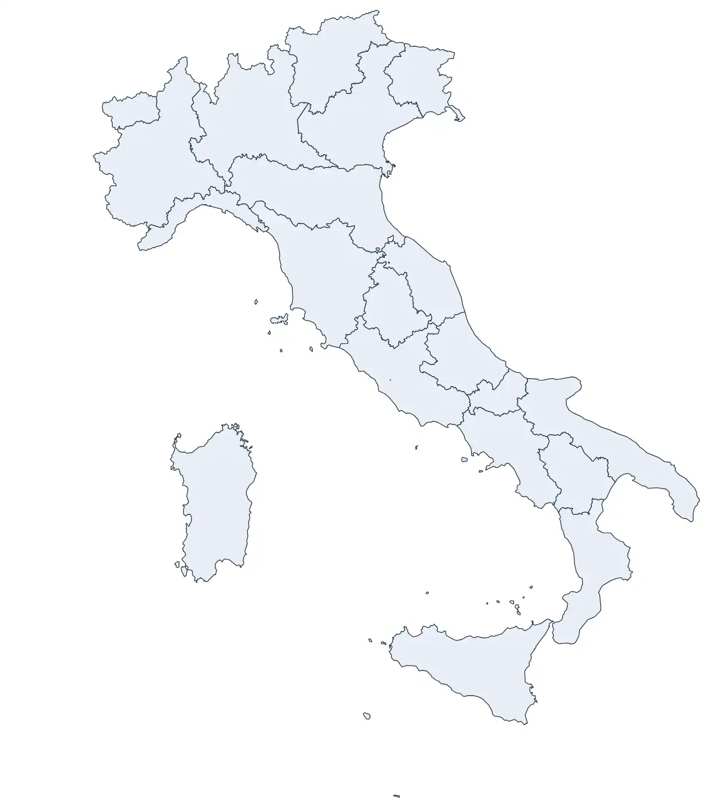 Cartina muta dell'Italia con i confini delle 20 regioni e senza nomi