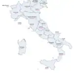 Cartina dell'Italia con i confini delle 20 regioni, il nome di ogni regione e il suo capoluogo