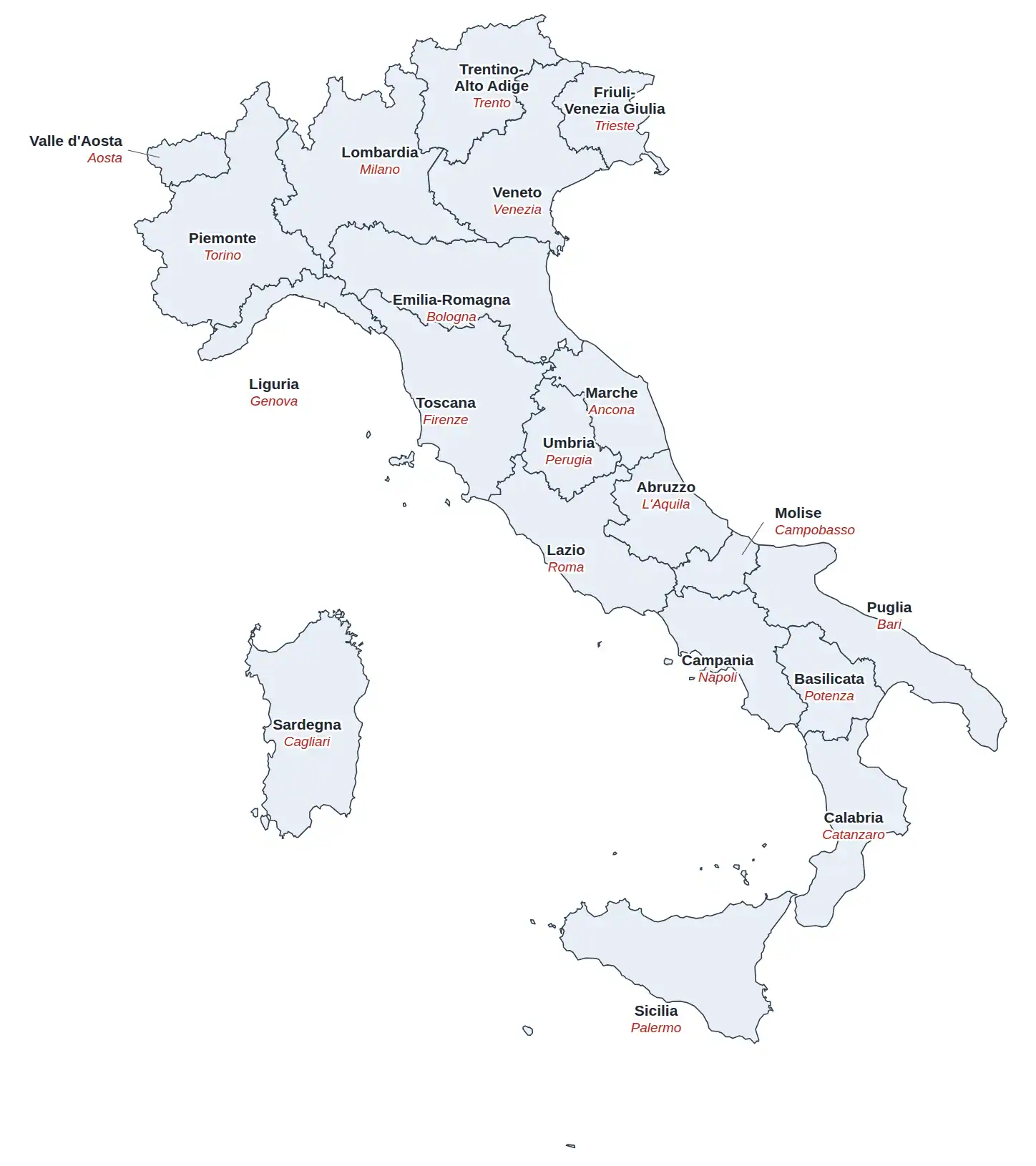 Cartina dell'Italia con i confini delle 20 regioni, il nome di ogni regione e il suo capoluogo