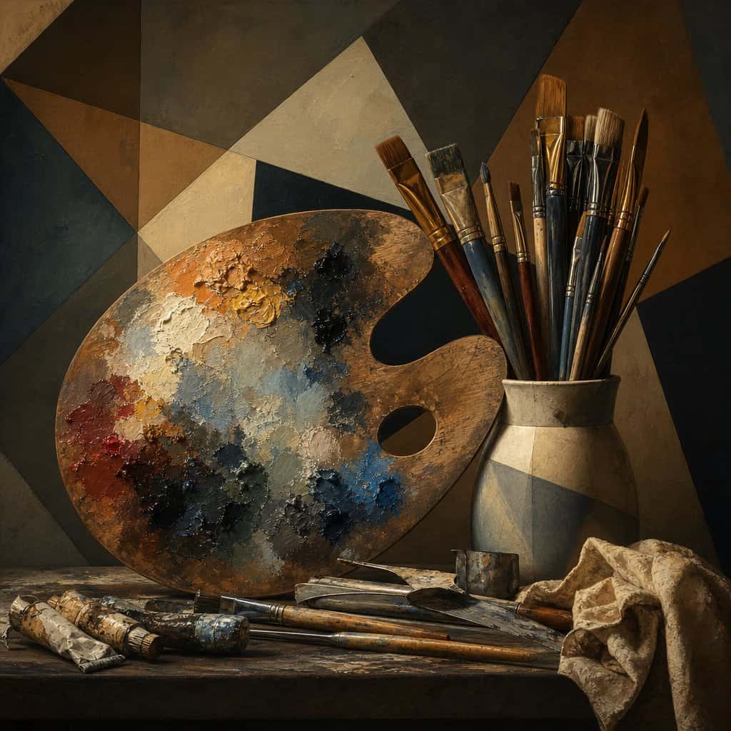 Collezione Cubismo: tavolozza da pittore con pennelli davanti a un fondo di forme geometriche