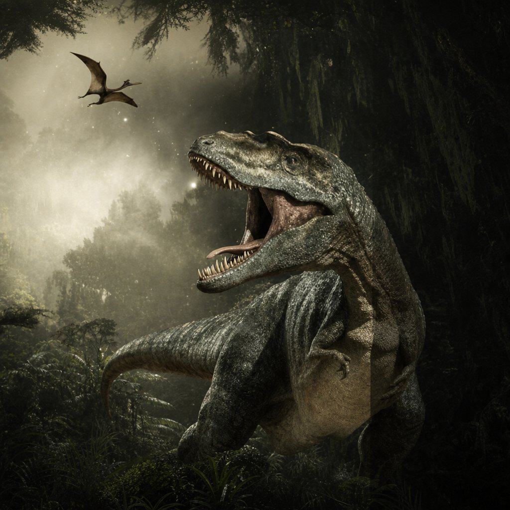 Collezione Dino Master: un tirannosauro in una foresta preistorica avvolta dalla nebbia