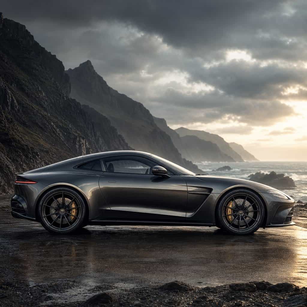 Collezione Dream Cars: un’auto sportiva grigia di profilo su una strada costiera al tramonto