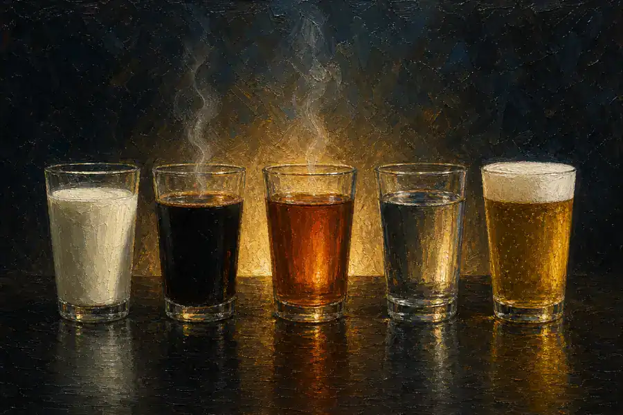 Latte, caffè, tè, acqua e birra