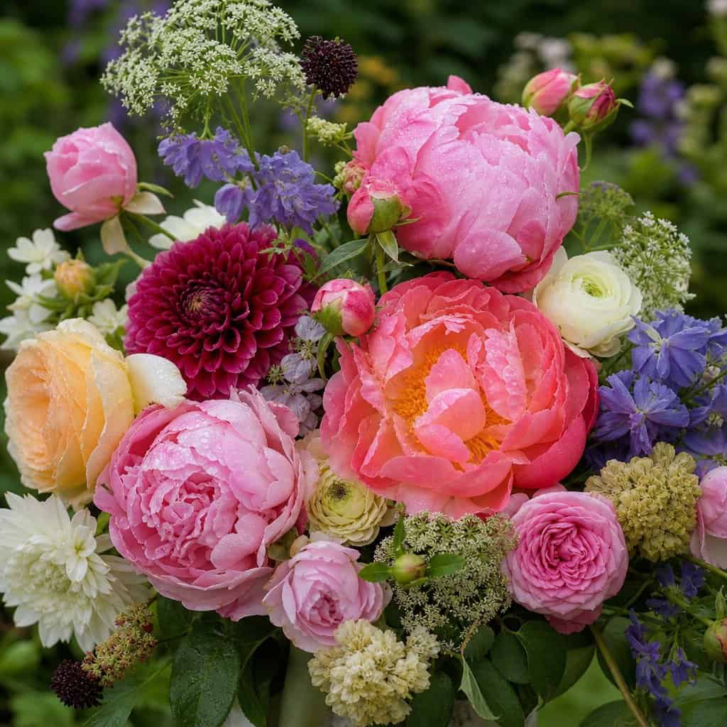 Collezione Fiori bellissimi: un mazzo di fiori da giardino in piena fioritura, rose e peonie rosa