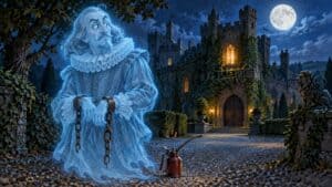 Il fantasma trasparente di un vecchio gentiluomo davanti a un castello inglese di notte, con una lattina d'olio ai suoi piedi