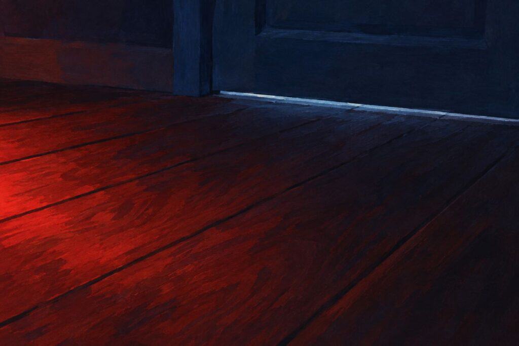 Il pavimento di legno di una camera al buio illuminato di rosso dalla sveglia; sotto la porta chiusa una riga di luce fredda
