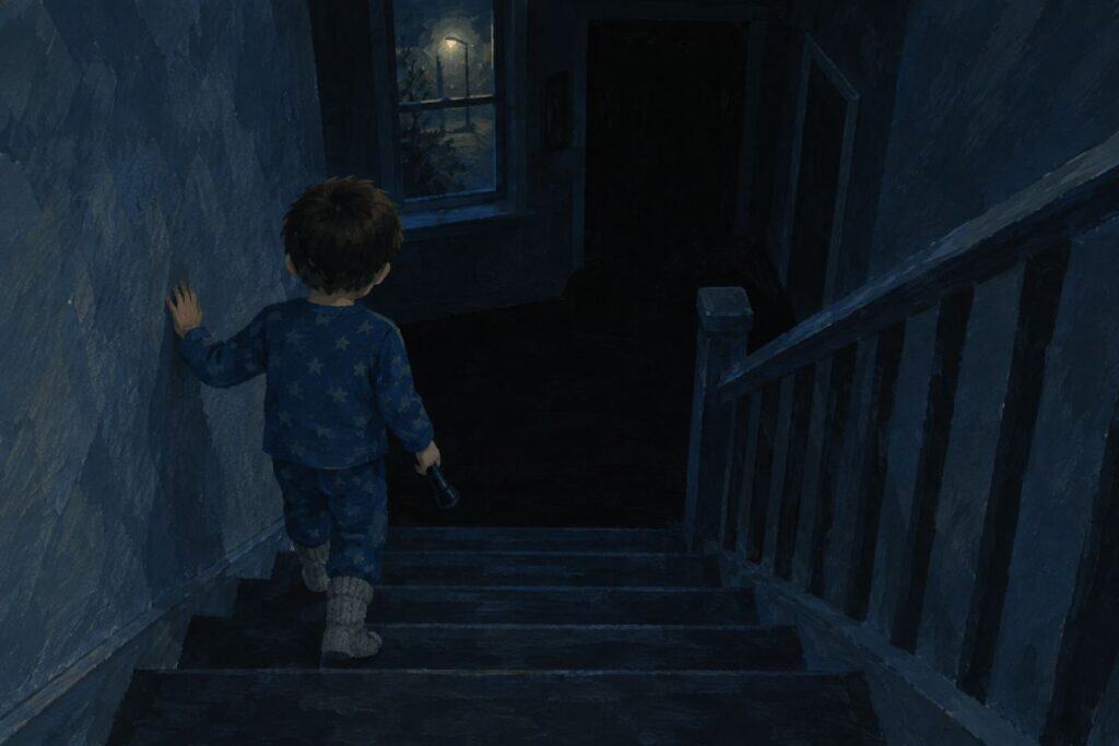 Un bambino in pigiama scende le scale al buio con una mano sul muro e la torcia spenta nell’altra; dalla finestra una luce fioca