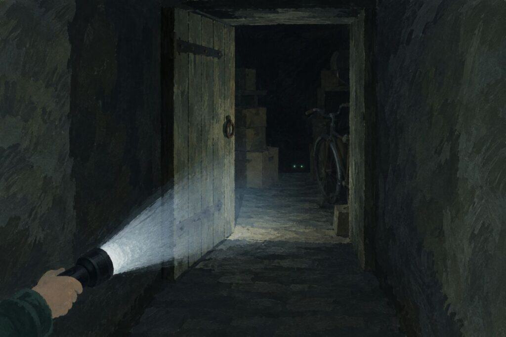 Una torcia illumina la porta aperta della cantina: dentro, scatoloni, una vecchia bicicletta e due piccoli occhi verdi nel buio