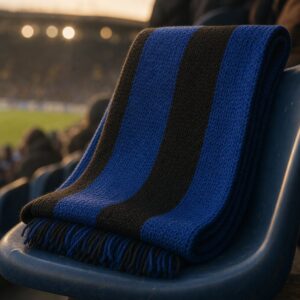 Collezione Inter parte 1: sciarpa da tifoso a righe blu e nere appoggiata su un seggiolino dello stadio