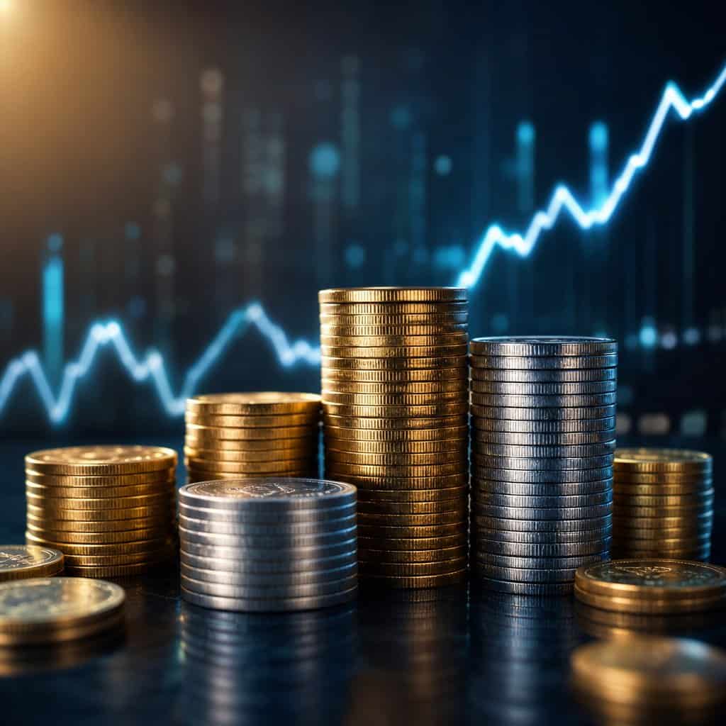 Collezione Investire in Borsa: pile di monete davanti a un grafico azionario in salita