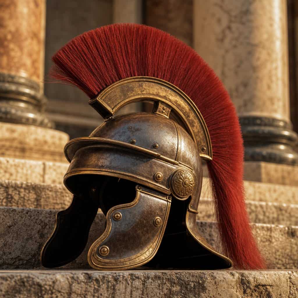 Collezione L’Impero romano: un elmo da legionario con il pennacchio rosso su gradini di pietra