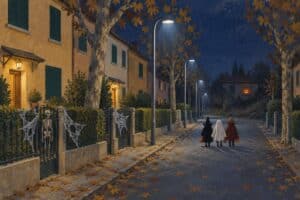 Tre bambini travestiti camminano di sera in una via italiana; in fondo una casa buia con una zucca accesa alla finestra