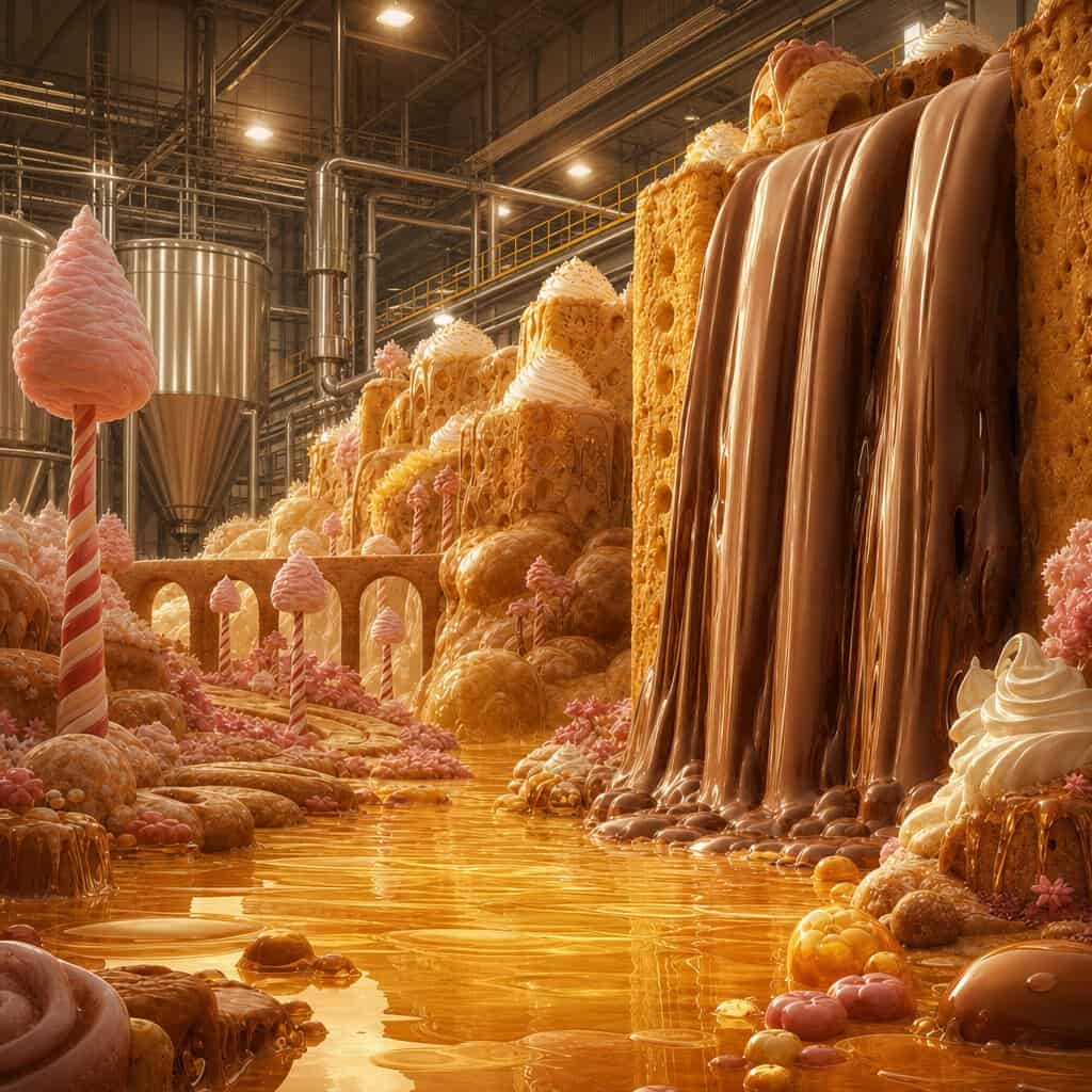 Collezione La fabbrica di cioccolato: una cascata di cioccolato dentro una fabbrica immaginaria di dolci