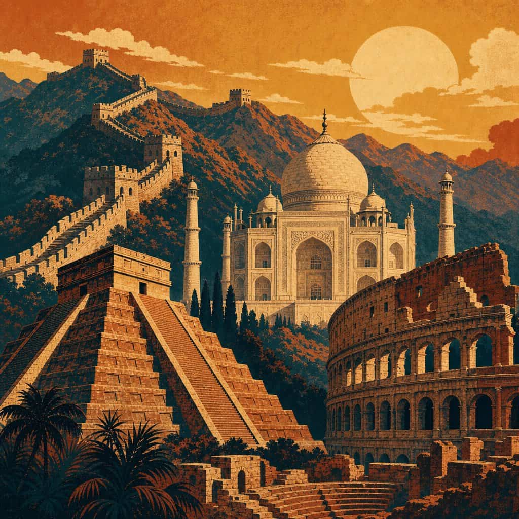 Collezione Le 7 meraviglie del mondo moderno: illustrazione con Grande Muraglia, Taj Mahal, piramide e Colosseo