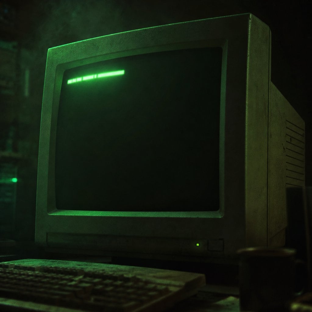Collezione Matrix: un vecchio monitor a tubo catodico al buio con una riga di codice verde sullo schermo