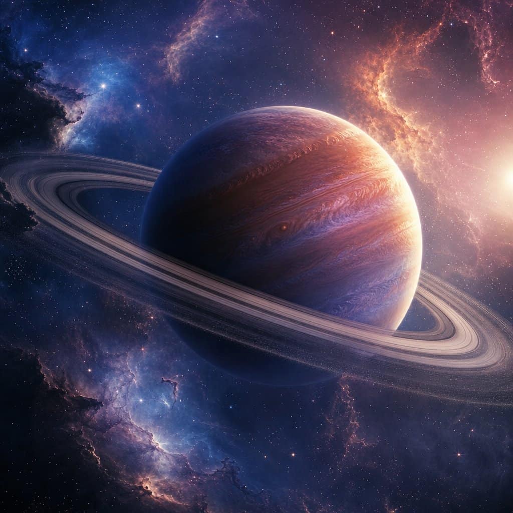 Collezione Misteri dell’universo: un pianeta con gli anelli sospeso in una nebulosa di stelle