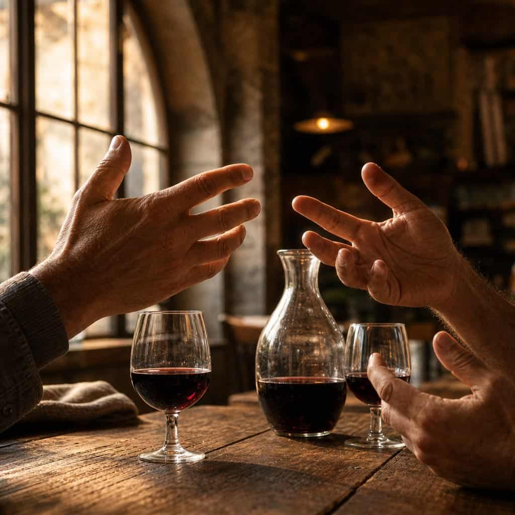 Collezione Modi di dire italiani: due mani che gesticolano sopra un tavolo di osteria, con una caraffa di vino rosso e due bicchieri