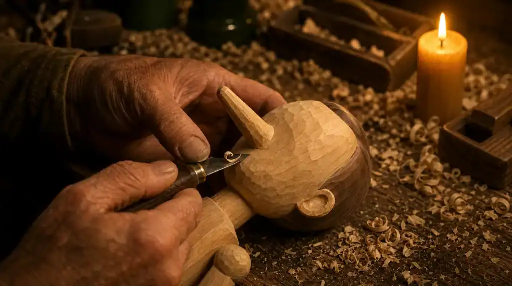 Mani anziane intagliano col scalpello la testa di un burattino di legno, fra i trucioli e la luce di una candela.