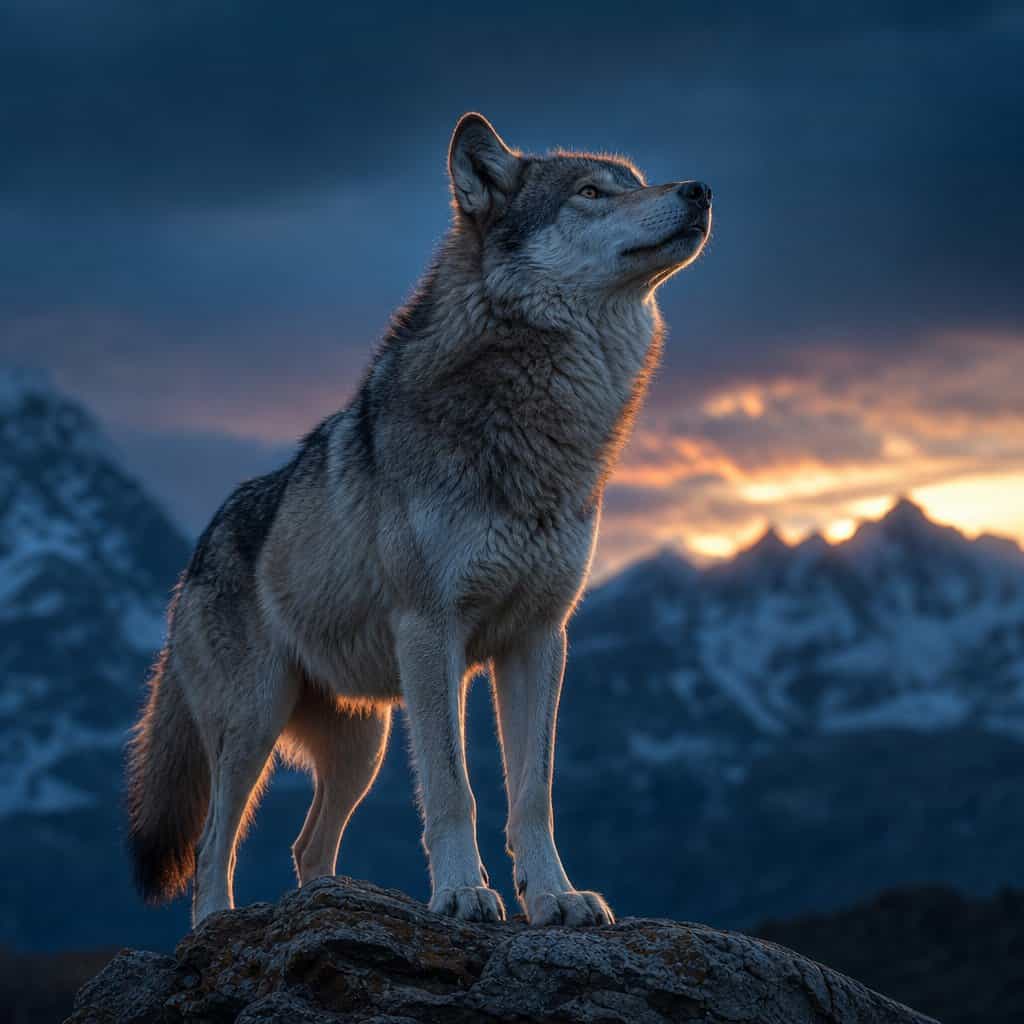 Collezione Predatori alpha: un lupo su un crinale roccioso al tramonto con le montagne dietro