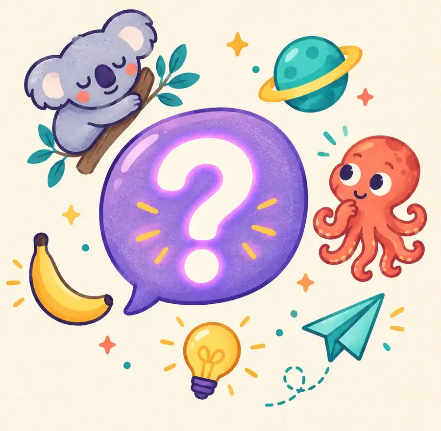 Punto interrogativo viola dentro un fumetto, circondato da un koala, un polpo, una banana, un pianeta, una lampadina e un aeroplano di carta