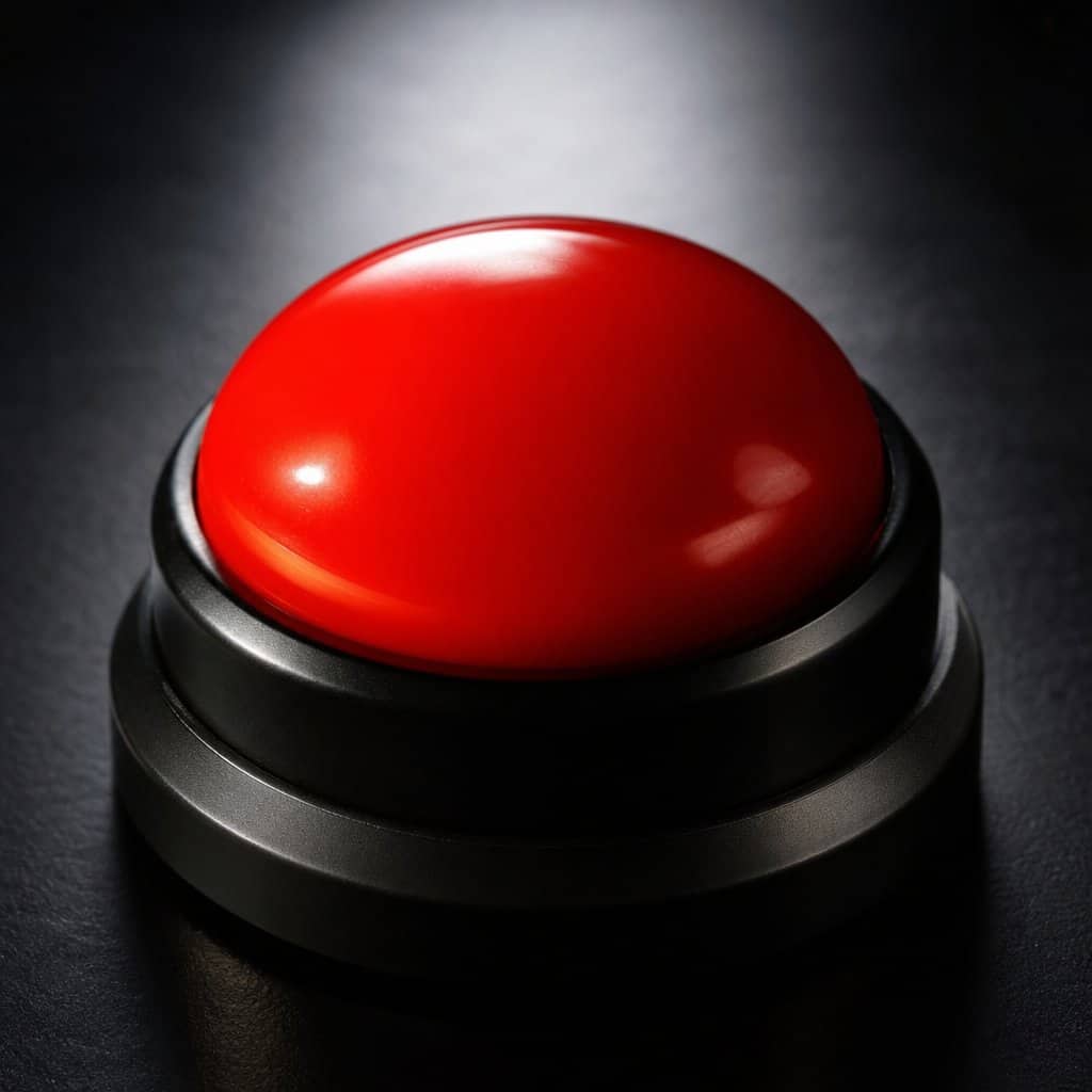 Collezione Quiz sui quiz: un grande pulsante rosso da gioco a quiz sotto un fascio di luce
