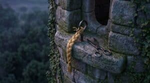 Treccia dorata tagliata e legata al gancio di pietra di una torre, con un paio di forbici accanto sul davanzale