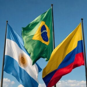 Collezione Sud America Flags: bandiere sudamericane che sventolano contro il cielo