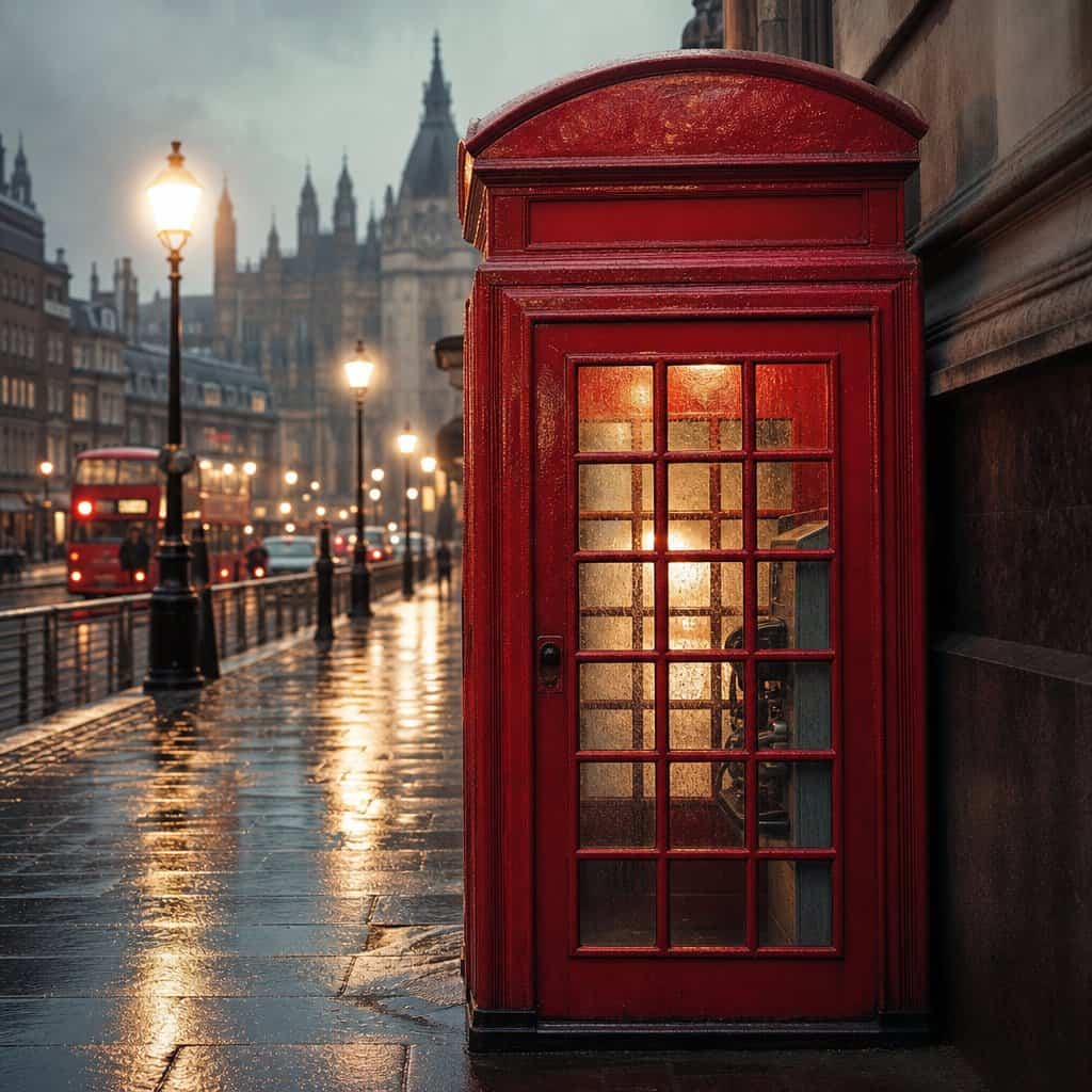 Collezione UK Mix: una classica cabina telefonica rossa inglese su un marciapiede bagnato