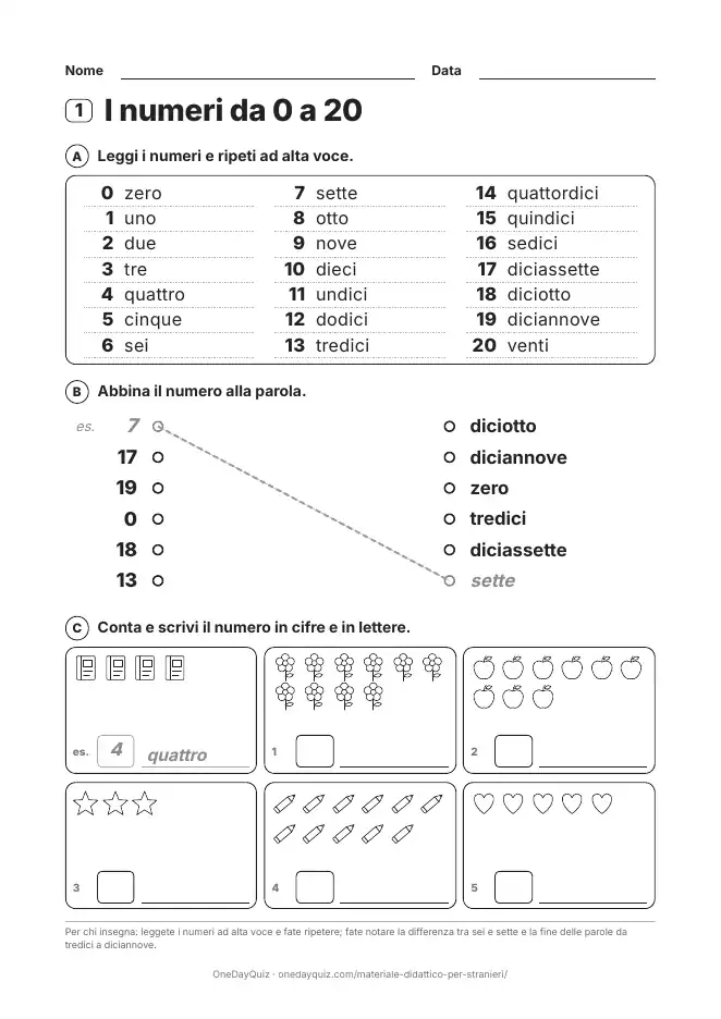 Anteprima della scheda di italiano per stranieri: numeri, giorni e mesi