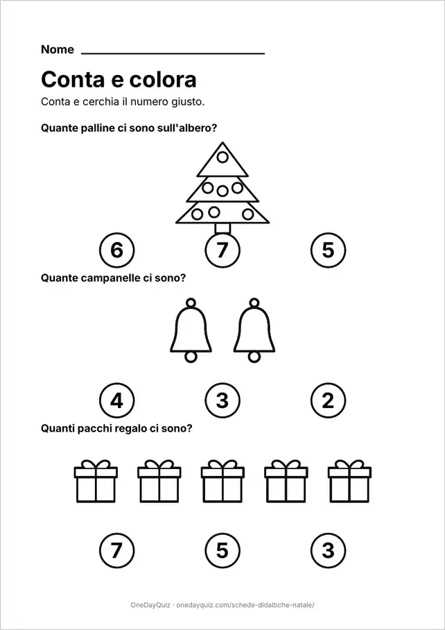 Anteprima della scheda di Natale per l’infanzia: conta e colora