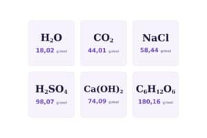 Calcolo della massa molare: sei formule chimiche con la loro massa molare in g/mol