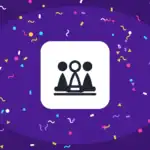 Icona di un gruppo di tre persone su sfondo viola con coriandoli, stile Party Games