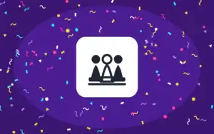 Icona di un gruppo di tre persone su sfondo viola con coriandoli, stile Party Games