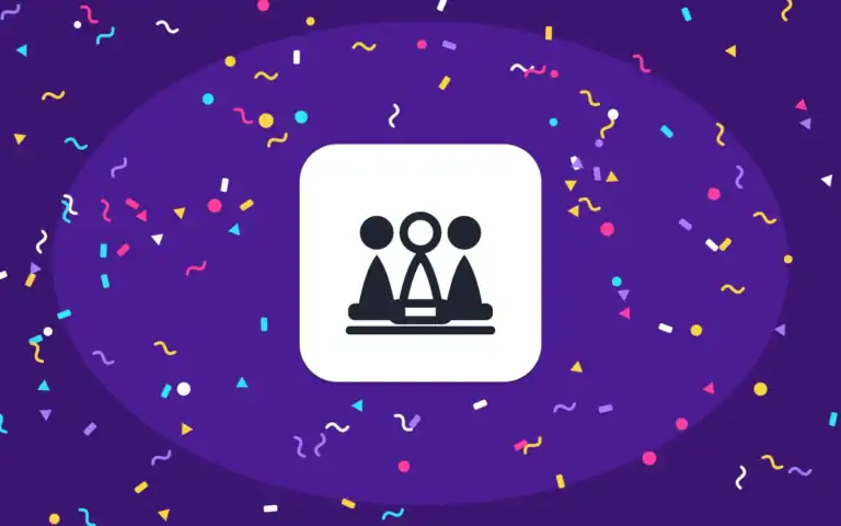 Icona di un gruppo di tre persone su sfondo viola con coriandoli, stile Party Games