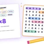 Griglia 8×8 di un crucipuzzle per bambini con le parole trovate evidenziate e una matita