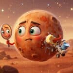 Il pianeta Marte con aria preoccupata si guarda in uno specchio mentre un piccolo rover lo strofina con una spugna per togliere la ruggine