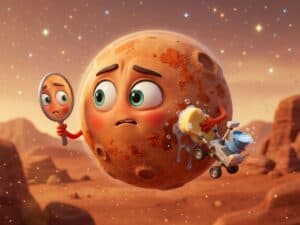 Il pianeta Marte con aria preoccupata si guarda in uno specchio mentre un piccolo rover lo strofina con una spugna per togliere la ruggine