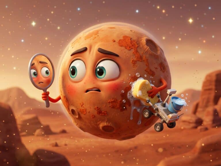 Il pianeta Marte con aria preoccupata si guarda in uno specchio mentre un piccolo rover lo strofina con una spugna per togliere la ruggine