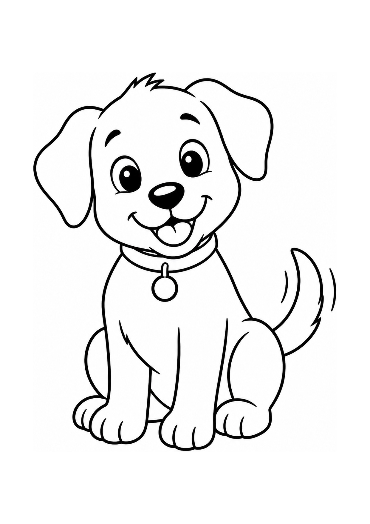 Disegno di un cagnolino da colorare, seduto mentre scodinzola