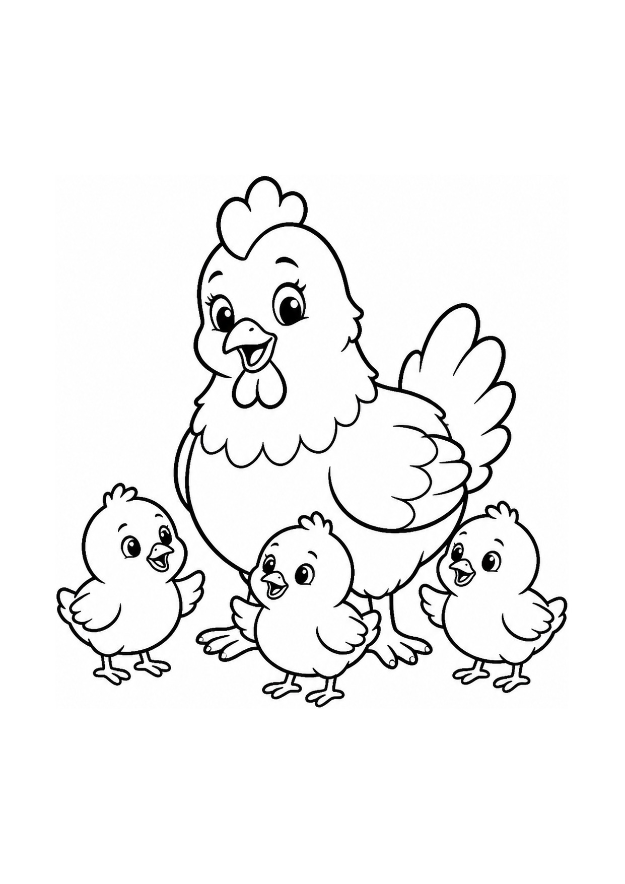 Disegno di una gallina da colorare con tre pulcini